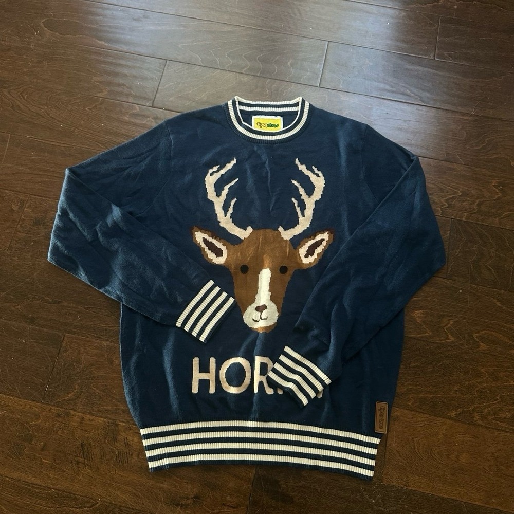 Tipsy Elves Mens Horny Reindeer Ugly Christmas Sweater Navy Blue XL
